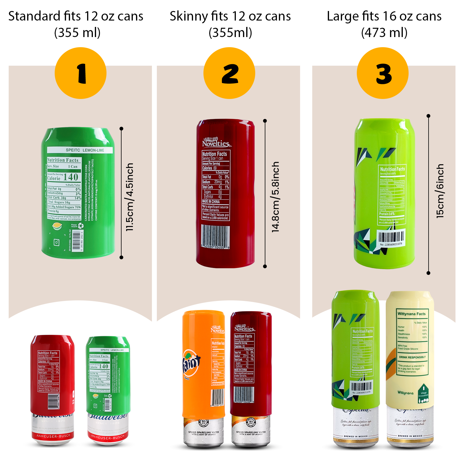 The Ultimate Can Cover Set, 6 Pack Standard 12 oz, Skinny 12 oz, and 16 oz Drink Sleeves that Look Like Soda